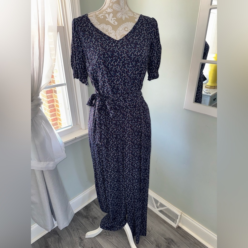 NWT Talbots V-Neck Wide Leg Jumpsuit with Tie Waist, Blue and Red Floral, Size 6